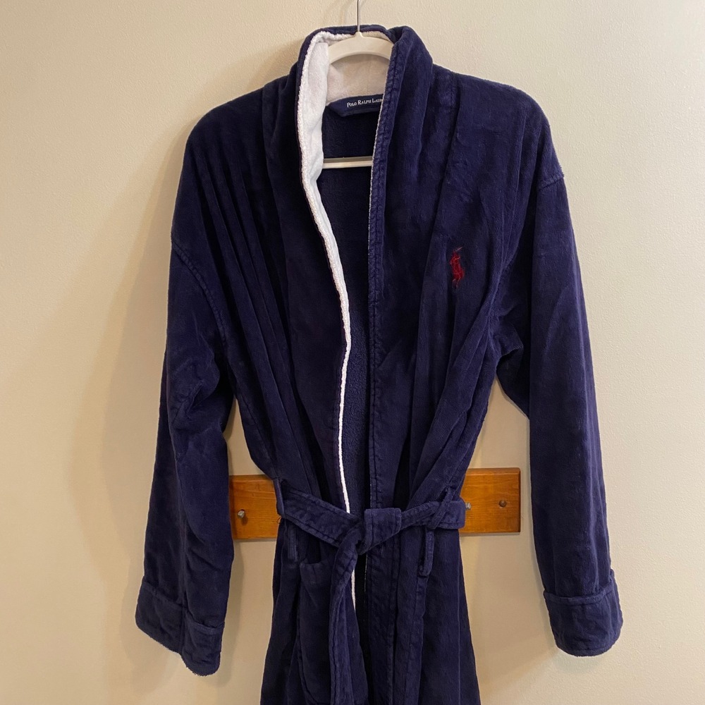 Polo Ralph Lauren VTG Robe Navy Red Fleece Lined Shawl Collar Belted Men OS - Picture 8 of 13